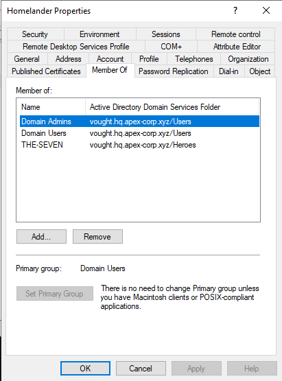 Domain Admins group on vought.hq.apex-corp.xyz showing homelander added as a member